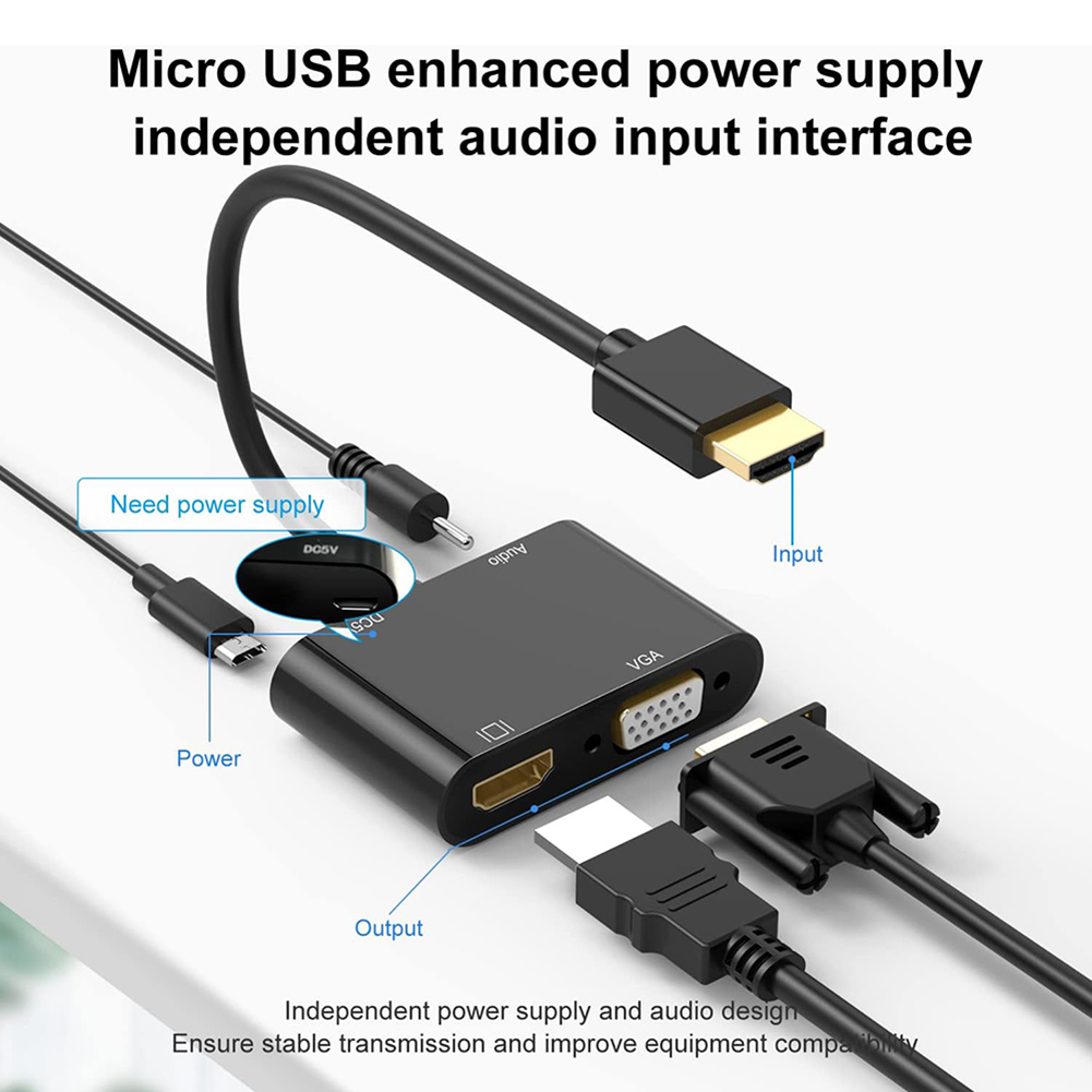 Adaptador HDMI para VGA 3 em 1 com áudio de 3,5 mm, adaptador fêmea HDMI macho para fêmea para PC, HDTV, monitor Pro Max