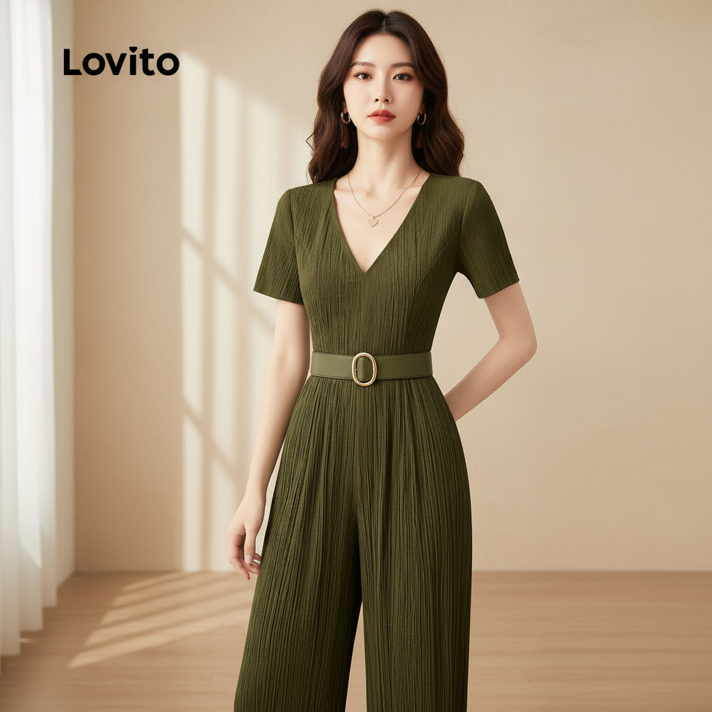 Lovito Elegante Macacão com Zíper Verde Primavera/verão para Mulheres L165AD898