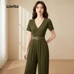Lovito Elegante Macacão com Zíper Verde Primavera/verão para Mulheres L165AD898