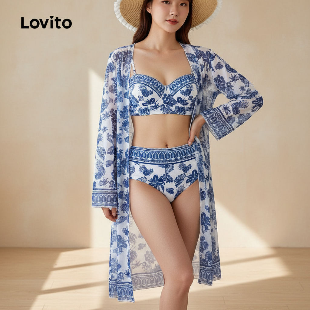 Lovito Conjuntos de Biquíni Boho Azul para Primavera/Verão Mulheres LBL30221 em Oferta na Shopee