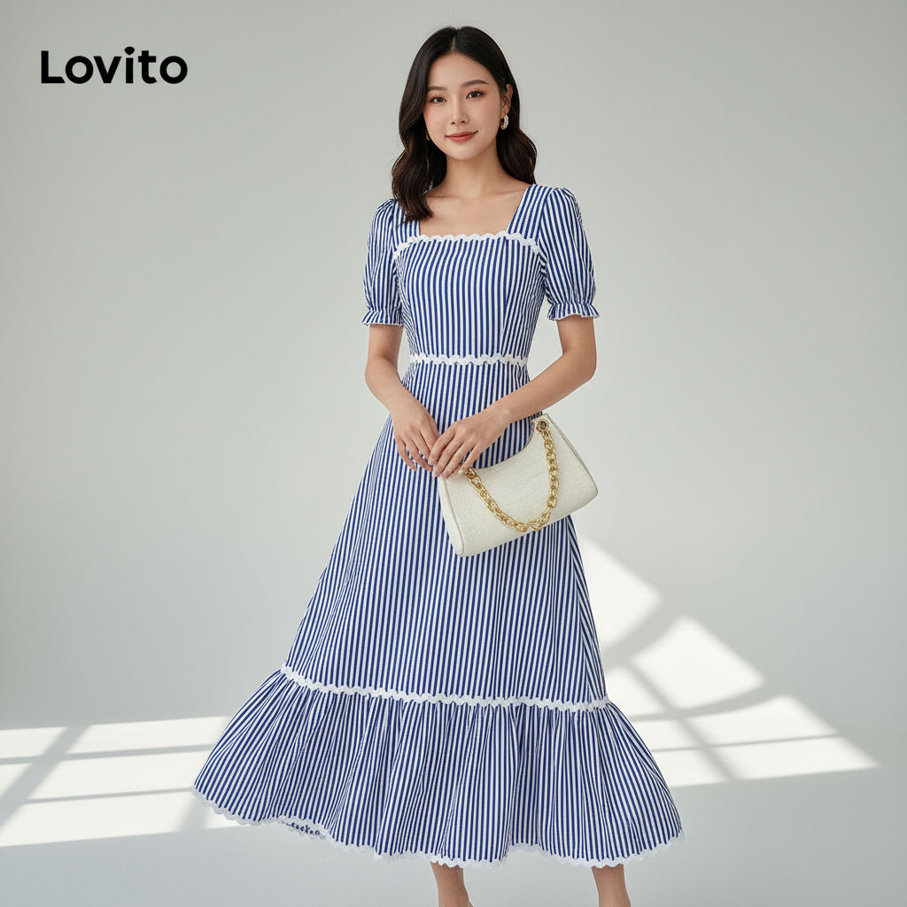 Lovito Refine Vestido Boho Listras Com Fita E Mangas Puff Para Mulheres LBL16576