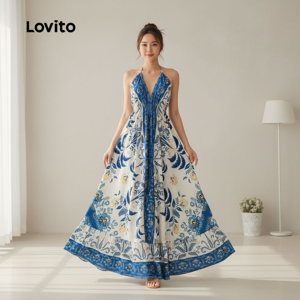 Lovito Vestido Estilo Boho com Amarração para Mulheres Primavera/verão LBL31248