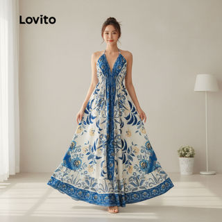 Lovito Vestido Estilo Férias com Amarração para Mulheres Primavera/verão Bordado LBL31248