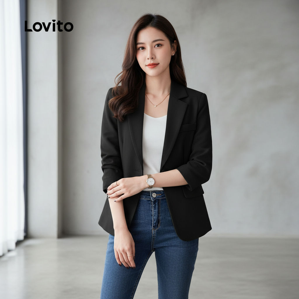 Lovito Elegante Blazer Preto com Botões para Mulheres L157ED1076