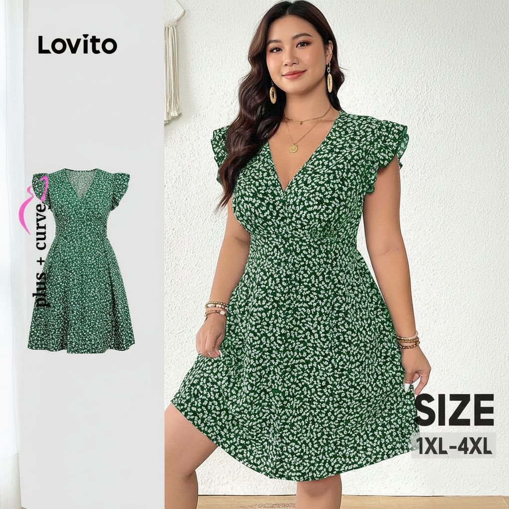 Lovito Refine Vestido Boho Verde com Babados para Mulheres Primavera/Verão LBL31152