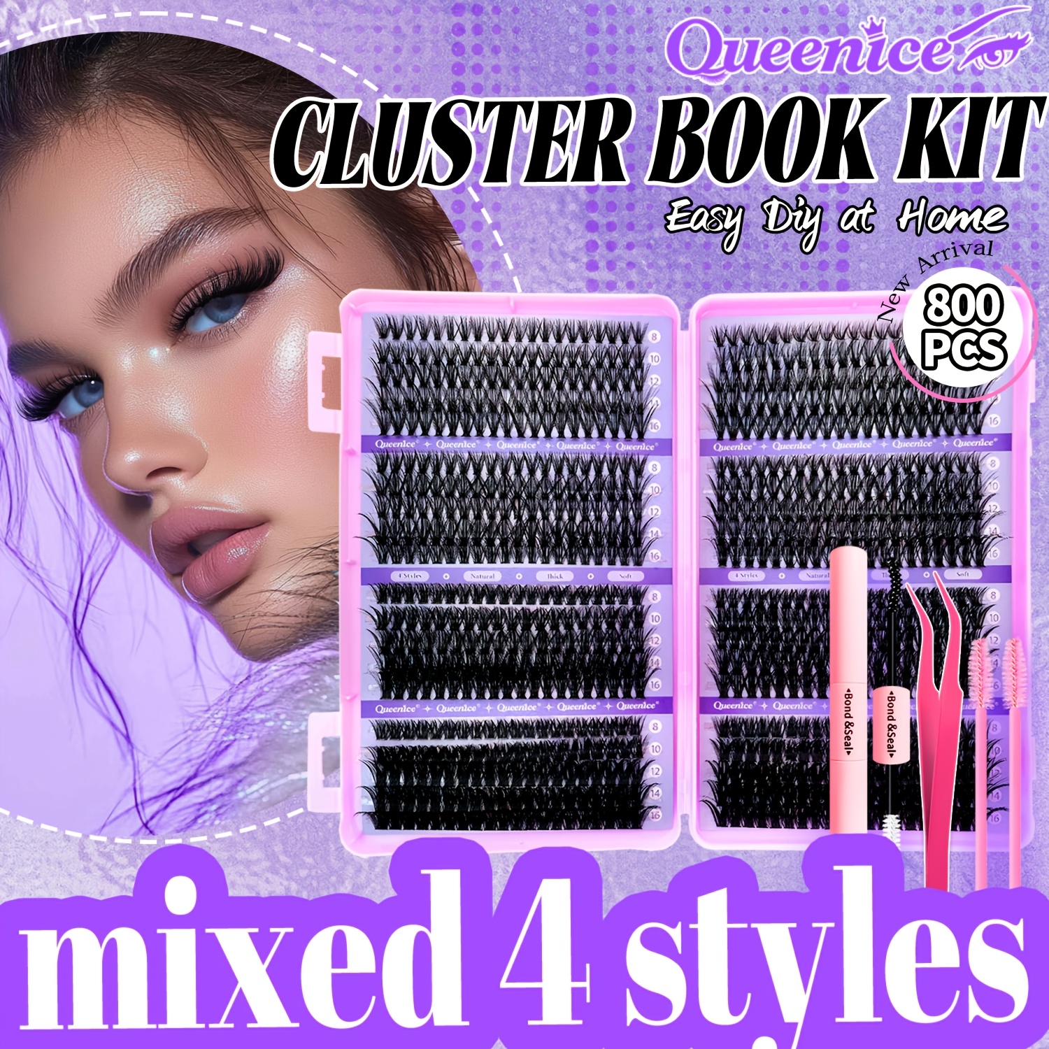  QUEENICE 800pcs Conjunto de Cílios: Aglomerados Multi-Estilo (Fada/Espigado/Manga/Olho de Gato/Curvado Russo), Espessos