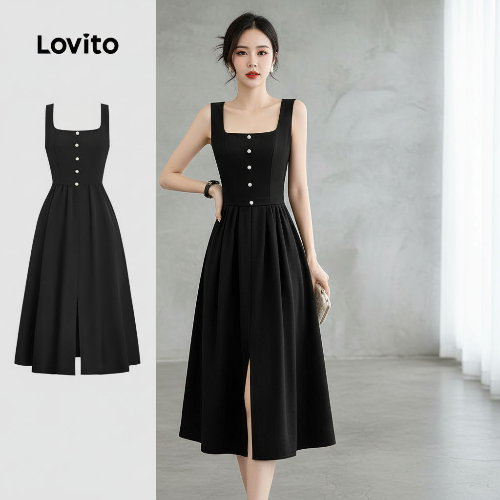 Lovito Vestido Elegante com Botão Vestido Preto Primavera/verão para Mulheres L166AD400 em Oferta na Shopee