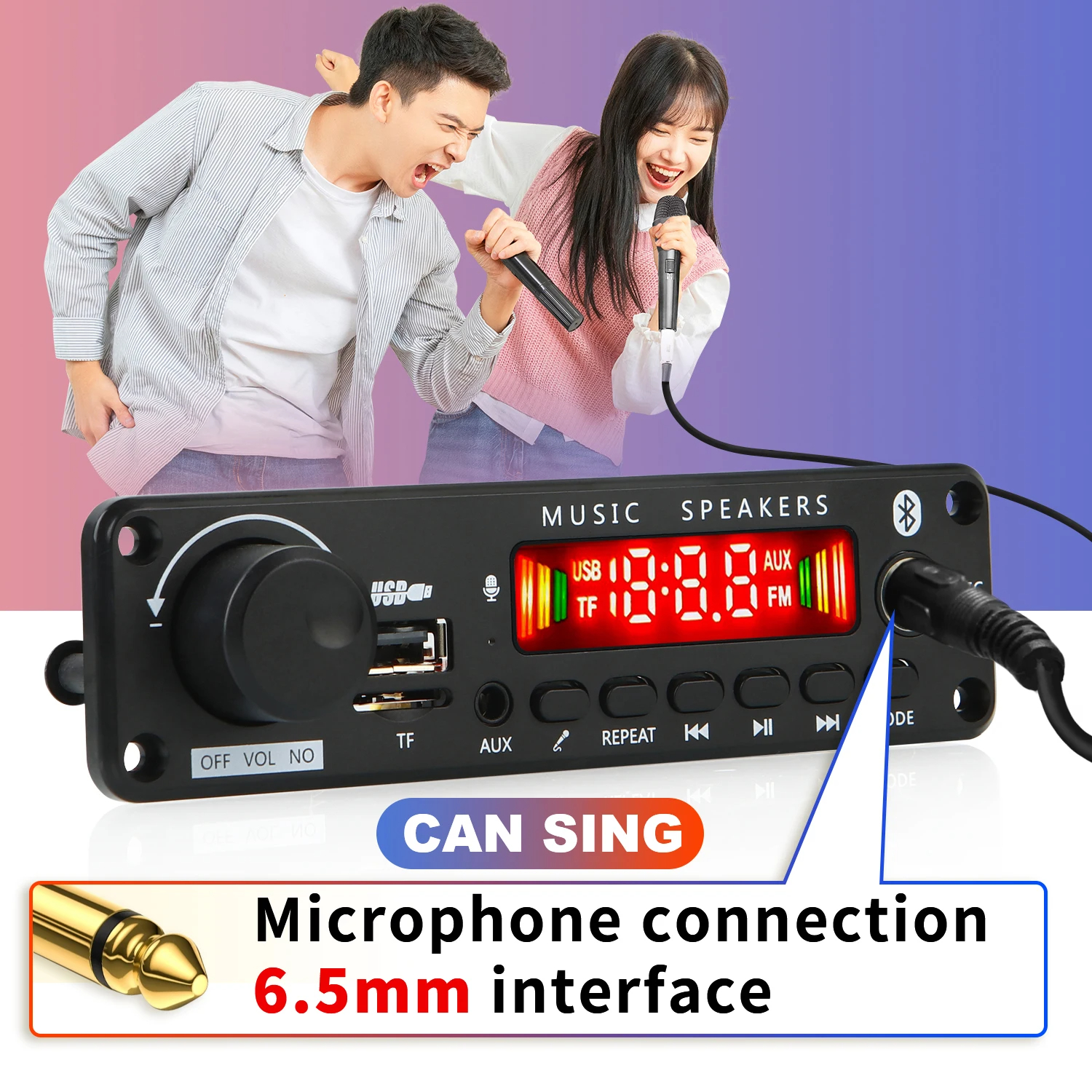 Placa Amplificadora DC 12V 50W Bluetooth 5.0 MP3 Decodificadora, Rádio FM, Módulo MP3, Kit Pro com Entrada TF/USB/AUX