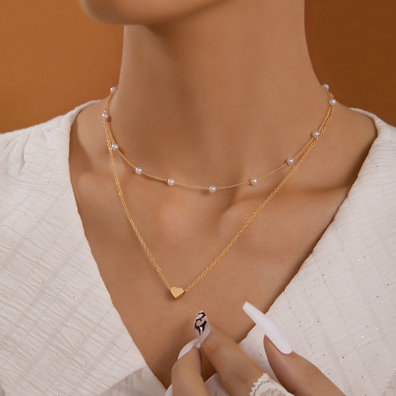 Detalhes do Nova Moda Dupla Camada Pérola Coração Colar Gargantilha Corrente Elegante Acessório De Jóias