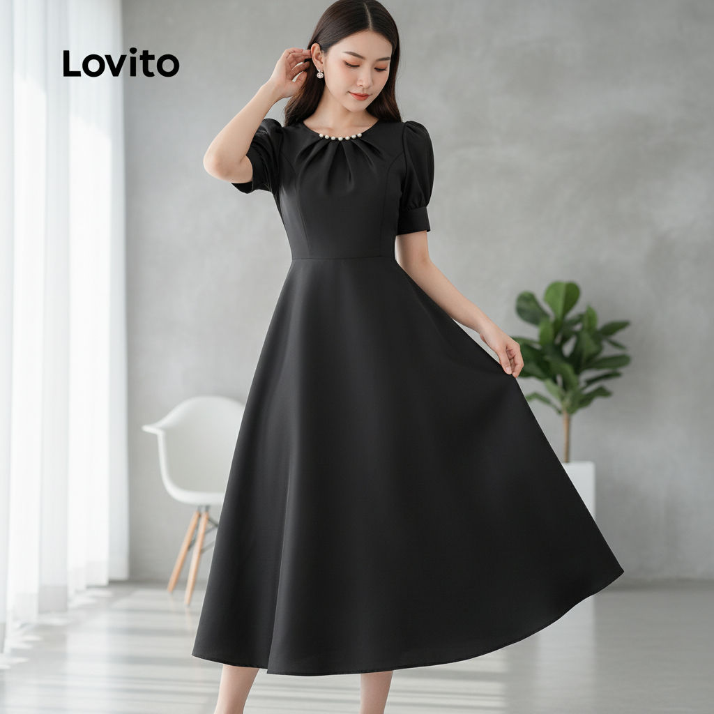 Lovito Vestido Feminino Sofisticado Pérolas Babados Preto Verão/Primavera L165ED675