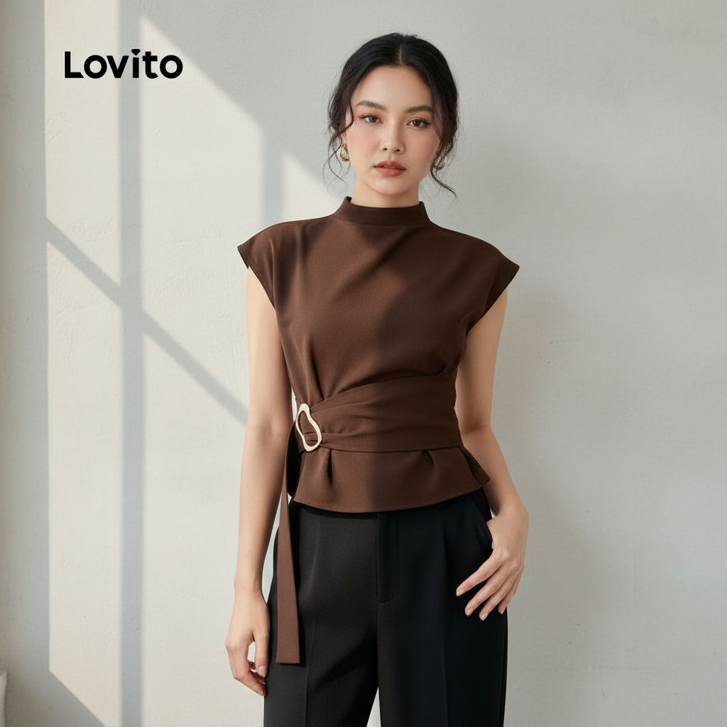 Lovito Blusa Feminina Marrom com Fivela Metálica e Design Assimétrico L171AD019 em Oferta na Shopee