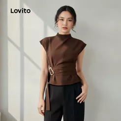 Lovito Elegante Blusa Feminina Marrom com Fivela Metálica e Design Assimétrico L171AD019