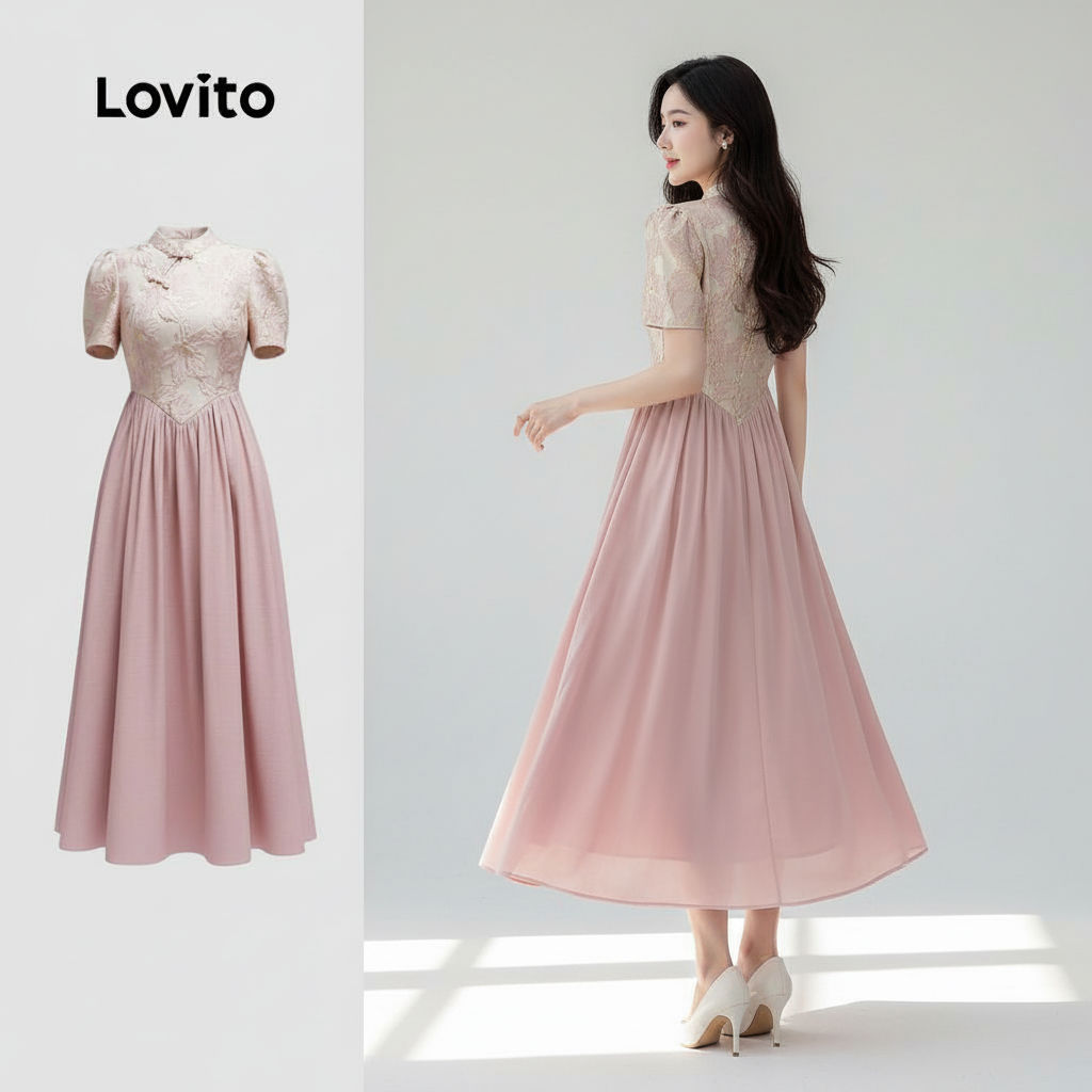 Lovito Vestido Elegante Estilo Chinês Moderno Tecido Costurado Primavera/Verão Rosa Feminino LK2ED443 em Oferta na Shopee