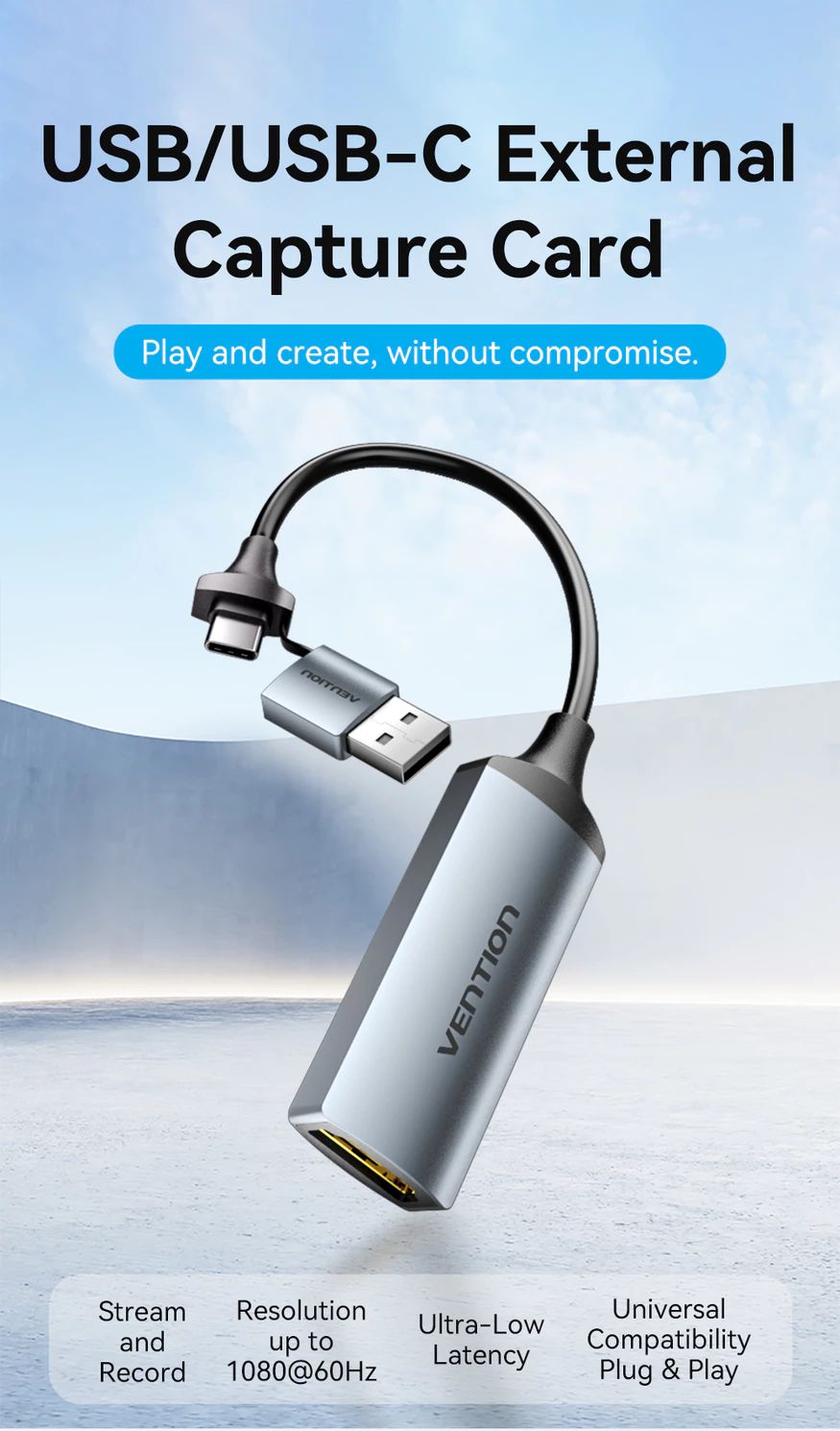 Placa de Captura de Vídeo HDMI USB 2.0 1080P 60Hz Vention para Transmissão ao Vivo e Gravação de Jogos