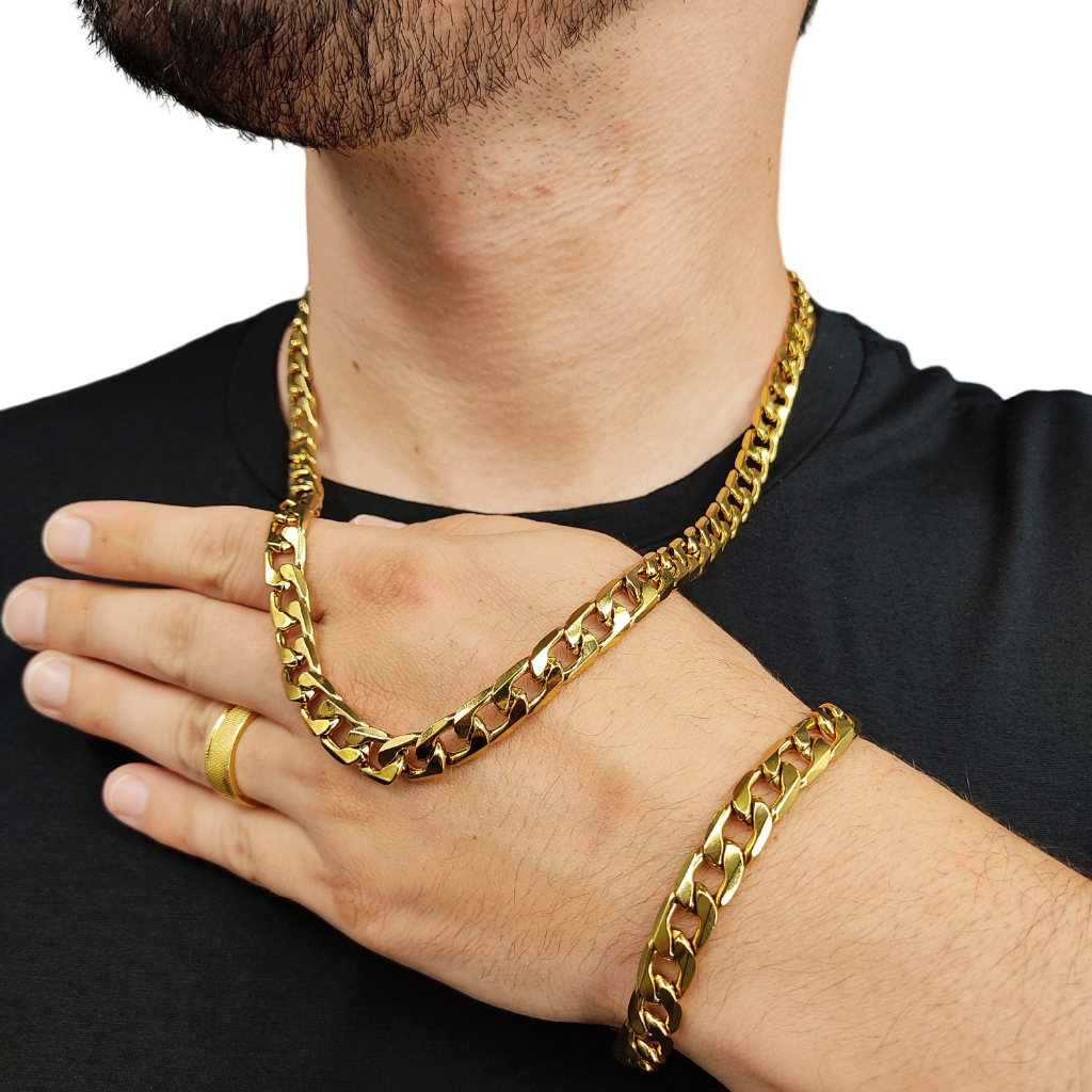 Pulseira e colar cubano de ouro estilo hip-hop, tendência contemporânea e personalidade para o streetwear hip-hop e rap