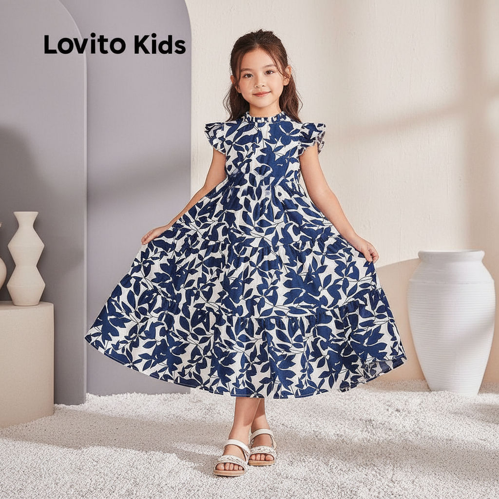 Lovito Férias Vestido Infantil com Babado Azul Escuro para Meninas L160LD201