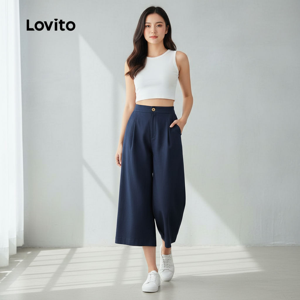 Lovito Calça Feminina Azul Marinho com Botão para Verão LBL31015 em Oferta na Shopee