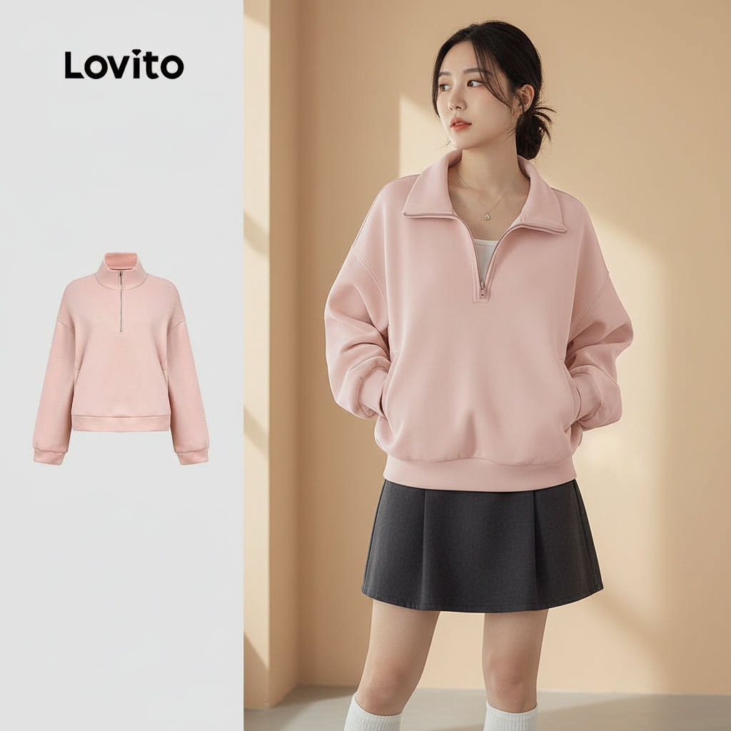 Lovito Blusa Rosa Feminina com Zíper Manga Longa e Bolso Inverno L159AD356 em Oferta na Shopee