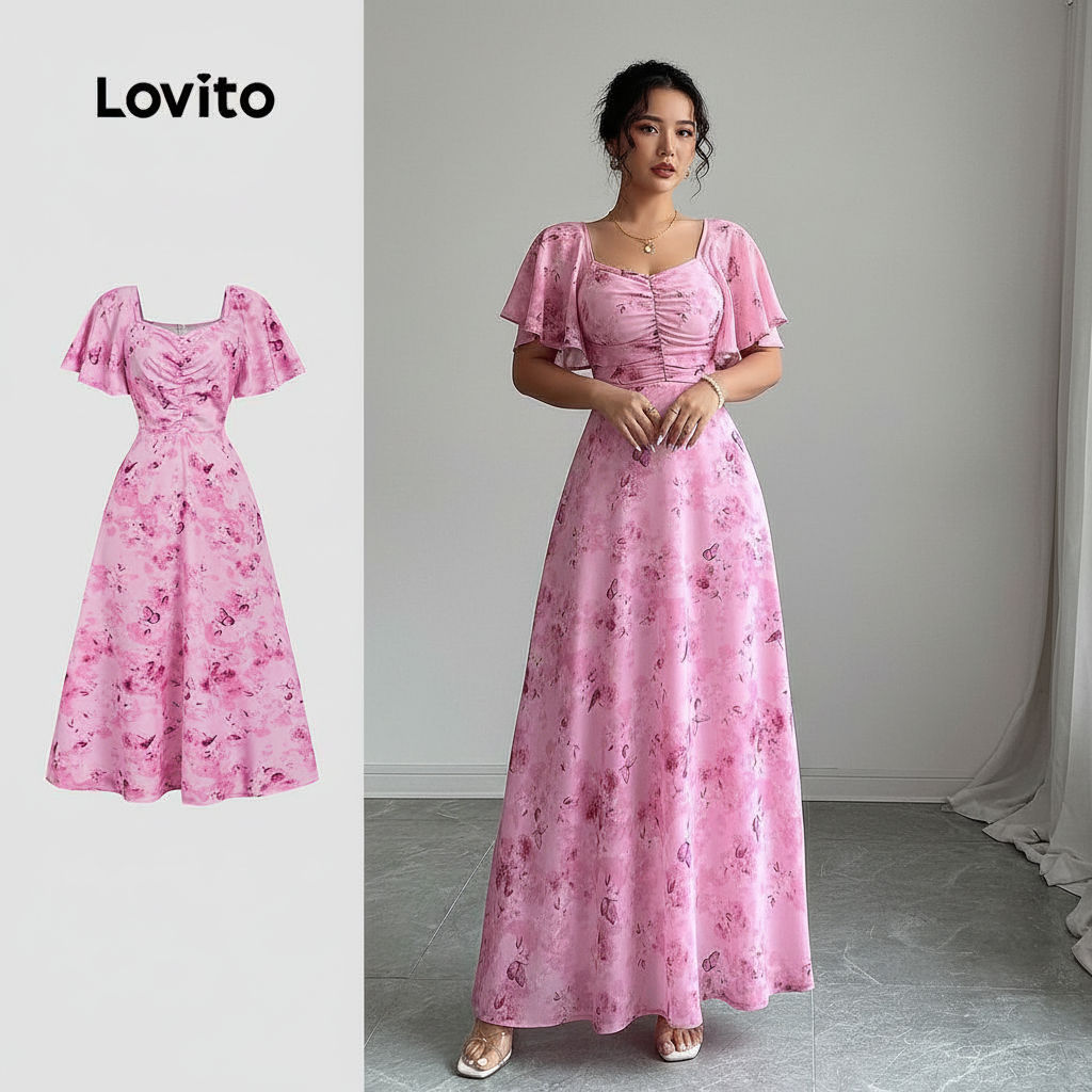 Lovito Vestido Feminino Boho Plissado Primavera/Verão Rosa LBL31043 em Oferta na Shopee