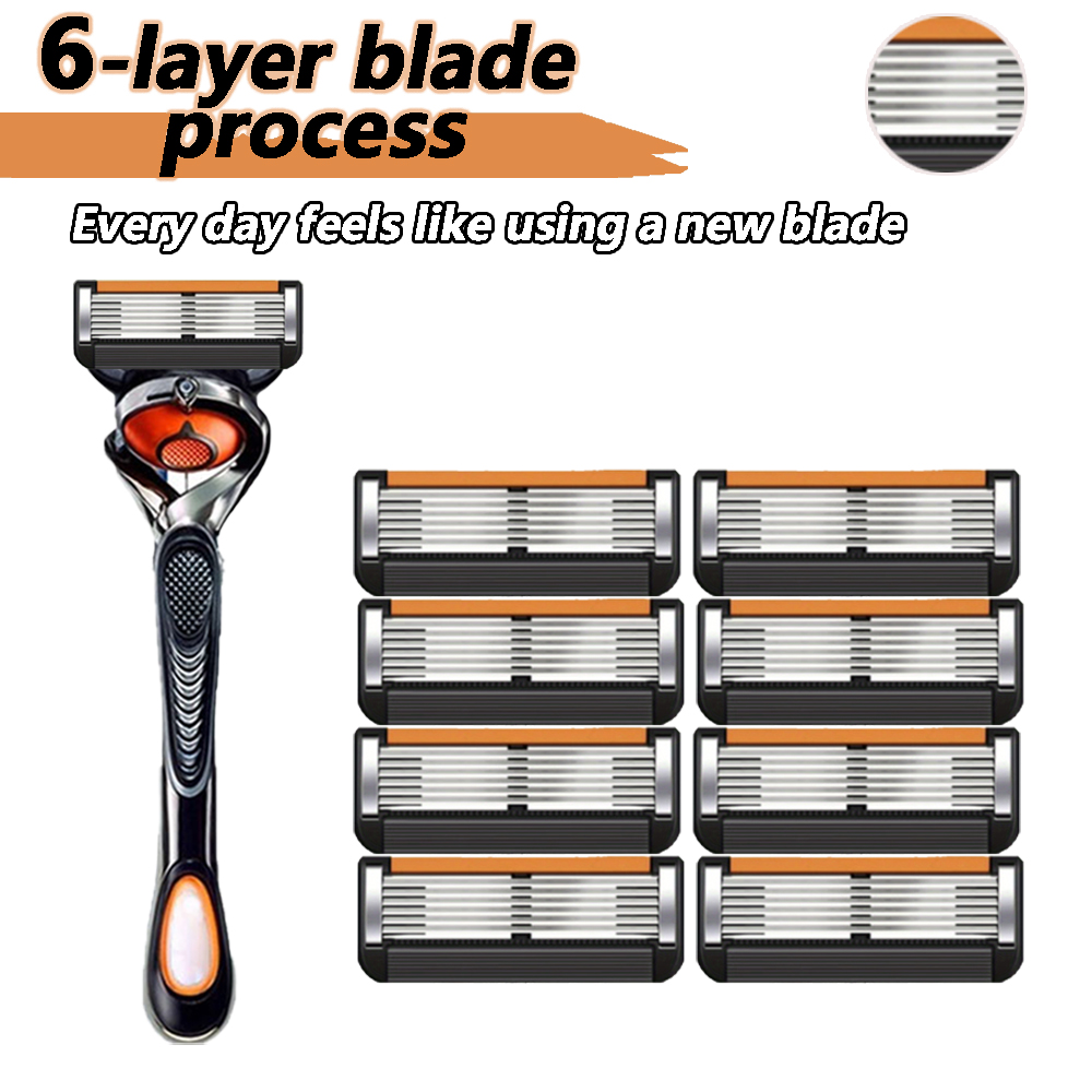 Manual razor, 1 cabo + 8 lâminas, lâminas de barbear de 6 camadas compatíveis com Gillette Fusion, barbeador masculino,