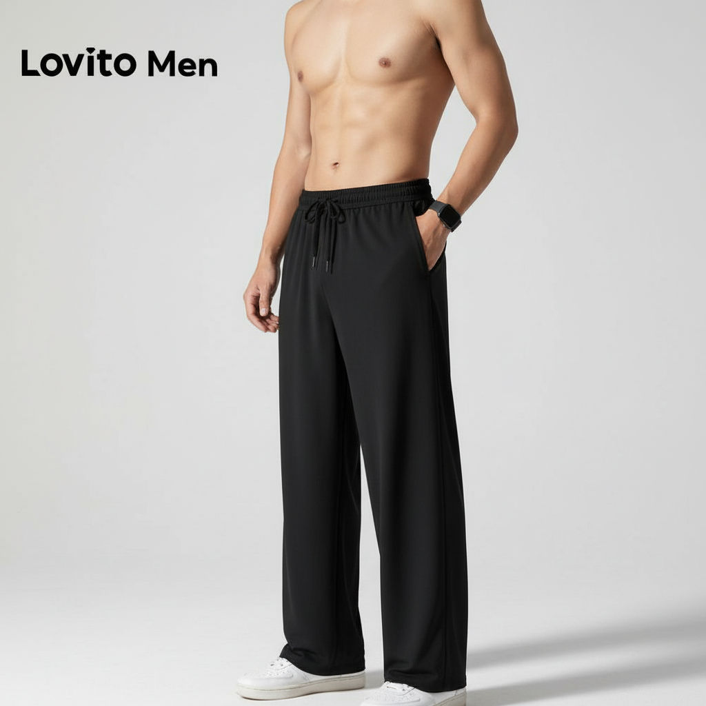 Lovito Calça Masculina Preta de Primavera Verão com Cordão LNE127066 em Oferta na Shopee