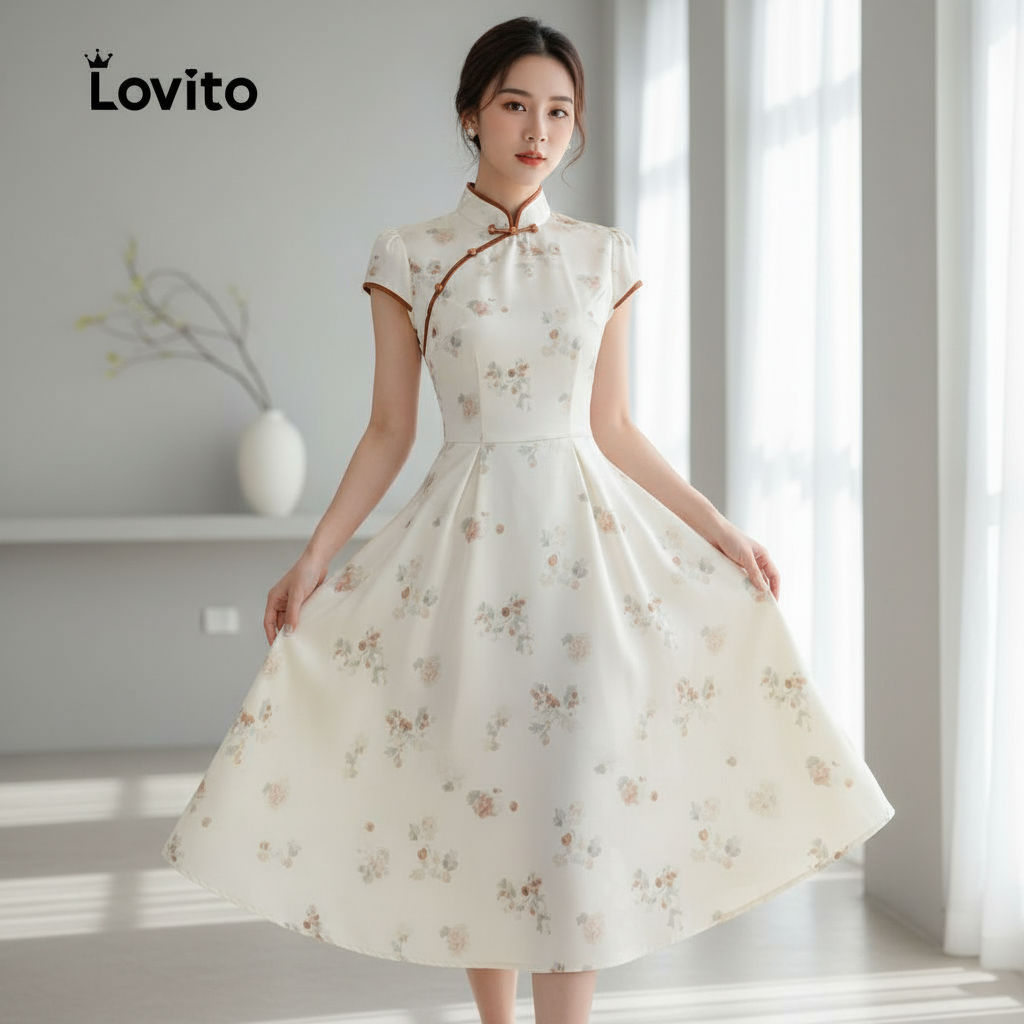 Lovito Vestido Encantador para Natal e Ano Novo com Botões Coloridos Primavera Verão Feminino LK2ED198 em Oferta na Shopee