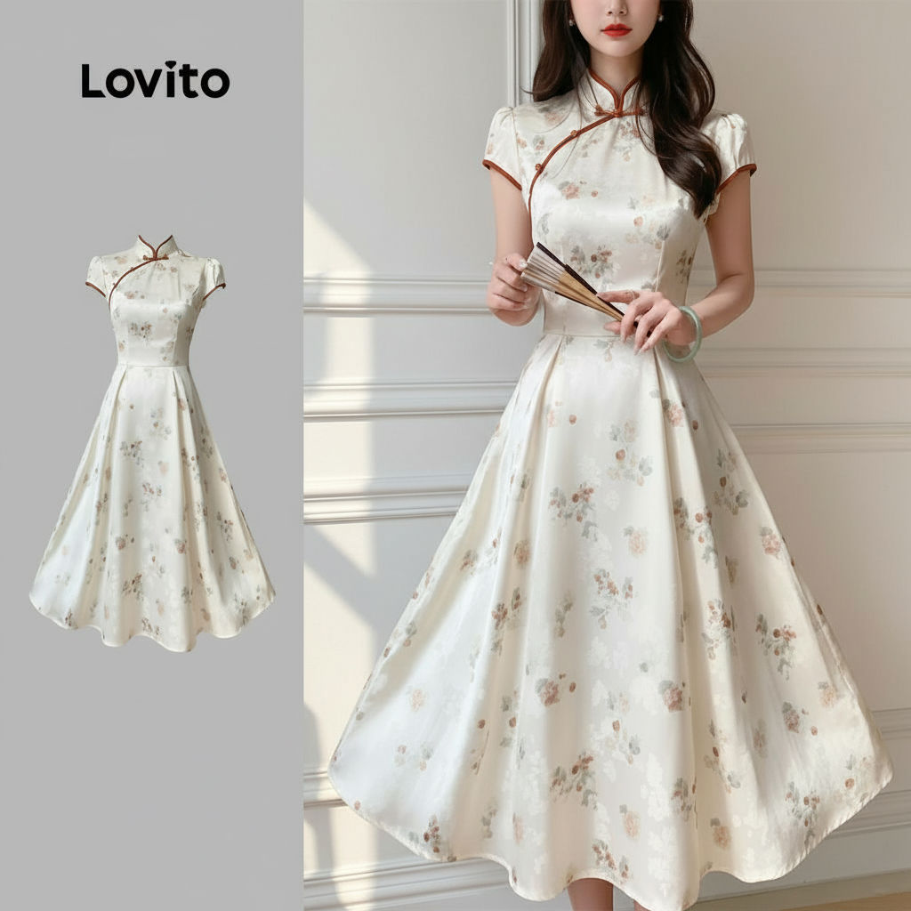 Lovito Vestido Charmoso para Natal e Ano Novo com Botões Coloridos Primavera Verão Feminino LK2ED198 em Oferta na Shopee