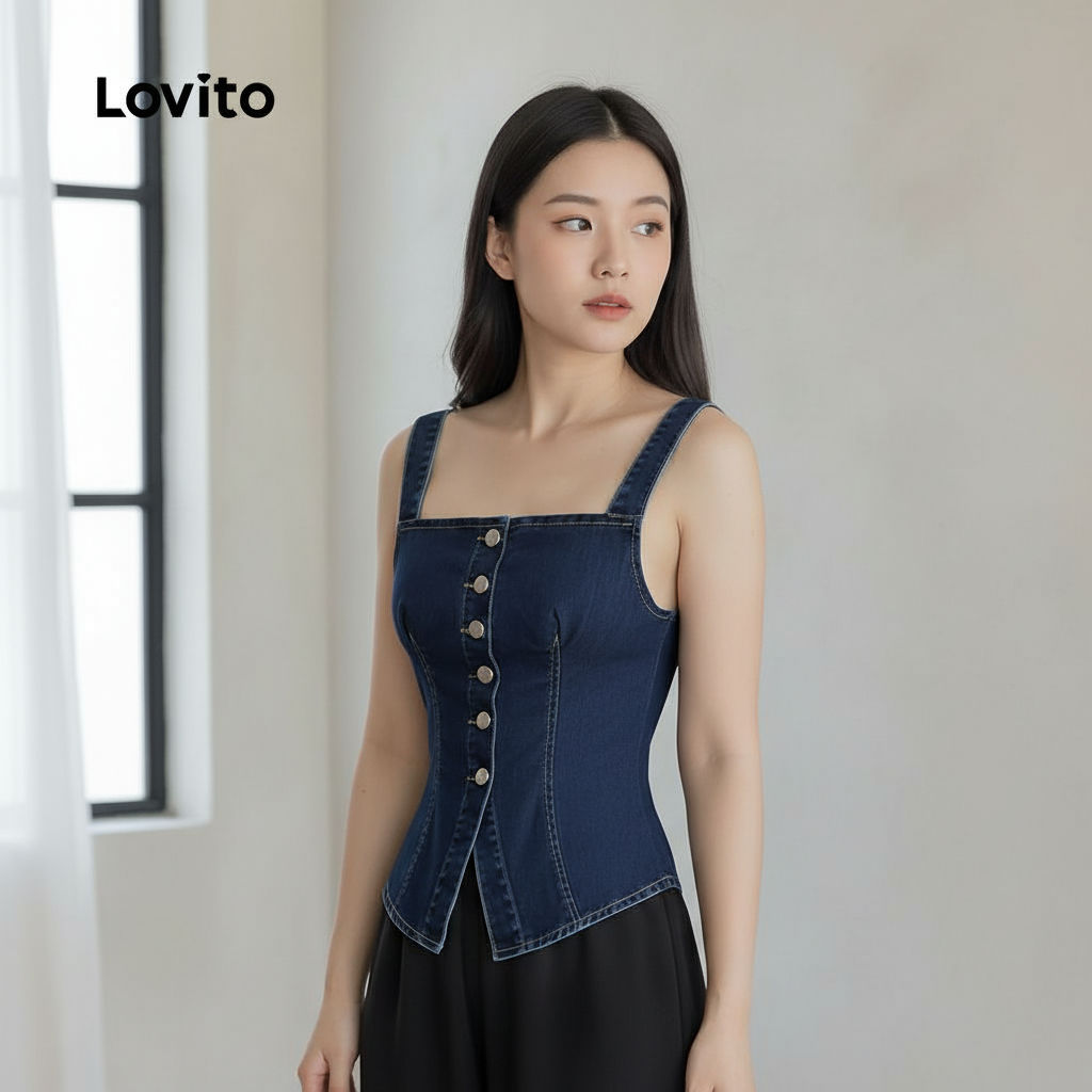 Lovito Camisa Feminina Casual em Jeans Azul Escuro com Botões e Abertura para Primavera/Verão L155ED1644 em Oferta na Shopee