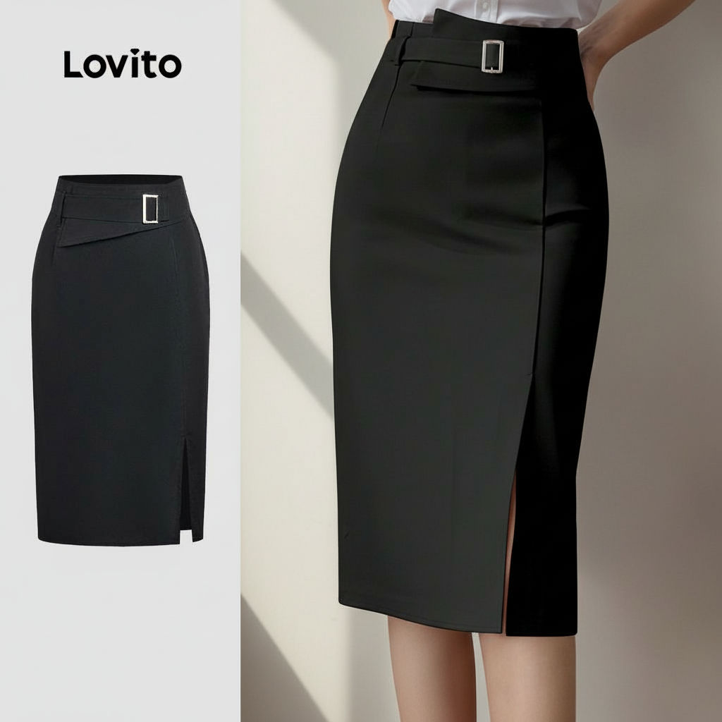 Lovito Saias Femininas Pretas Casuais com Cinto para Primavera e Verão L158ED279 em Oferta na Shopee