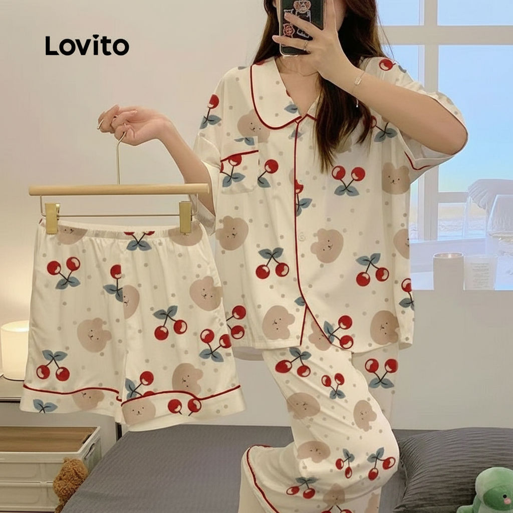 Lovito Kit Pijama Feminino 3 Peças Algodão Estampa Cereja Nuvem Blusa Calça Shorts LNE126191 em Oferta na Shopee