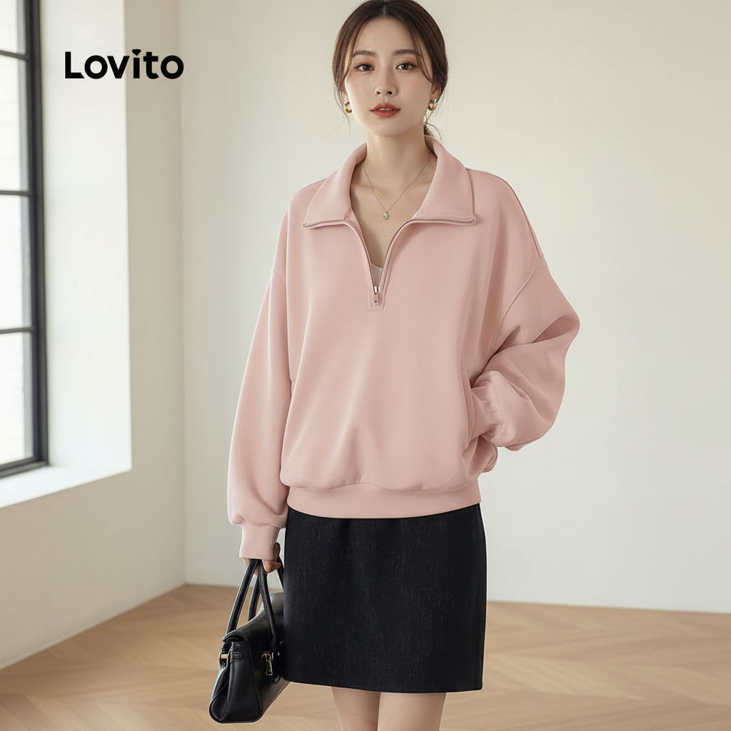Lovito Blusa Rosa Feminina com Zíper Manga Longa e Bolso Inverno L159AD356 em Oferta na Shopee