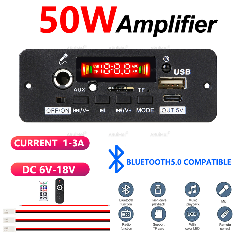 Placa Amplificadora 50W Bluetooth 5.0 2x25W Módulo Receptor De Áudio DC 6V-18V Remoto