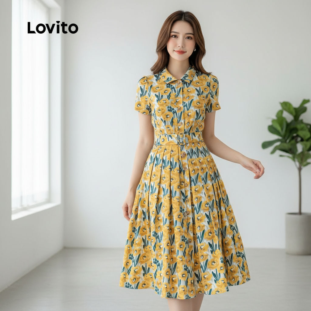 Lovito Refine Vestido Floral com Pregas para Mulheres Primavera Verão L158ED1074 em Oferta na Shopee