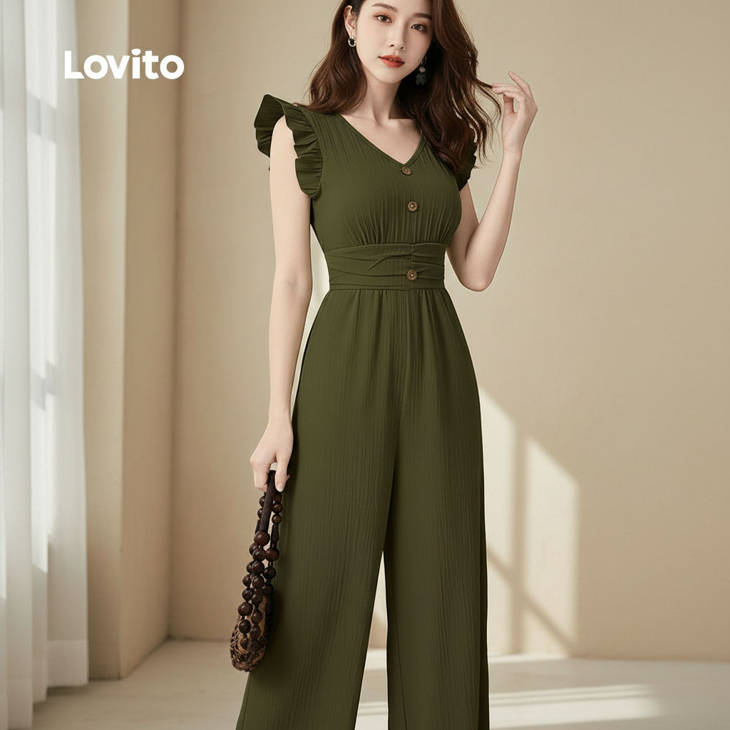 Lovito Macacão Feminino Casual em Jacquard com Babado para Primavera/Verão na cor Verde LK2ED079 em Oferta na Shopee