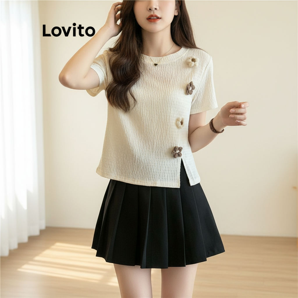 Lovito Refine Camiseta Feminina Casual Plissada Lisa Floral LNA66479 (Multicolorida) em Oferta na Shopee