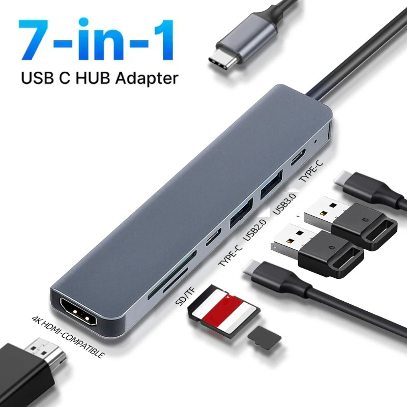 Hub USB-C 7 em 1 4K 30Hz HDMI 2.0 PD 100W USB 2.0 USB 3.0 Leitor de cartões SD/TF para Samsung S10/Nota, OPPO