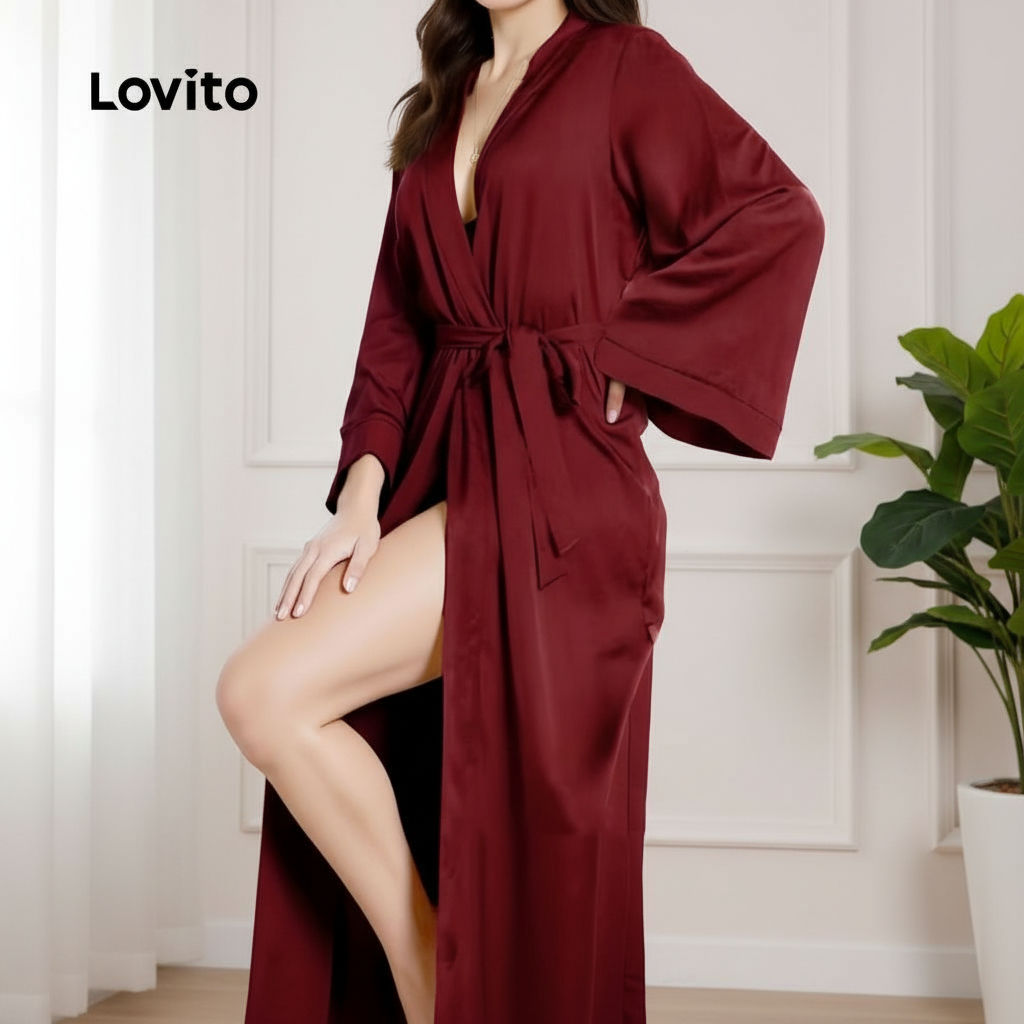 Lovito Conjunto Sofisticado De Robes Longos De Seda Com Cinto E Detalhes Em Renda Para Mulheres LNE126101 em Oferta na Shopee