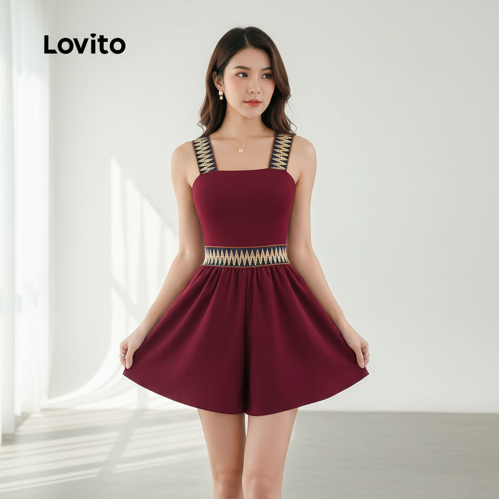 Lovito Macacão Casual Feminino Estilo Nacional Fita Vermelho Bordô Primavera Verão L157ED096 em Oferta na Shopee