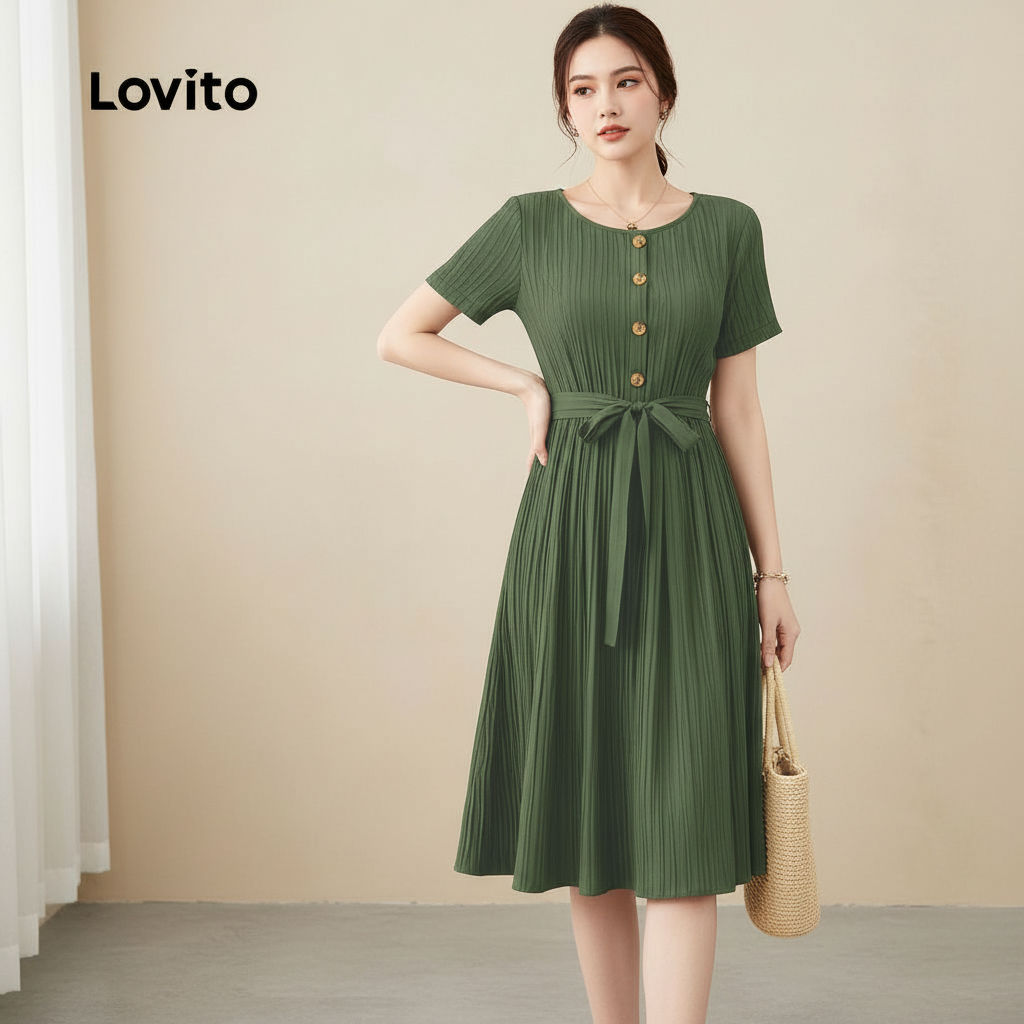 Lovito Elegante Vestido Feminino com Botões Frontais Primavera Verão Verde L164LD080