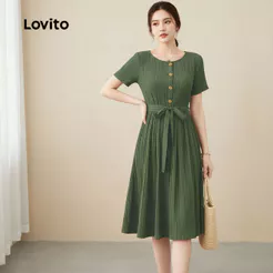 Lovito Elegante Vestido Feminino com Botões Frontais Primavera Verão Verde L164LD080