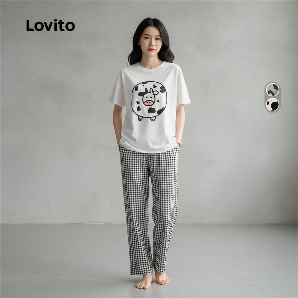 Lovito Pijama Feminino Casual 2 Peças Vaca Leiteira Solto Algodão Fresco LNE126135 em Oferta na Shopee