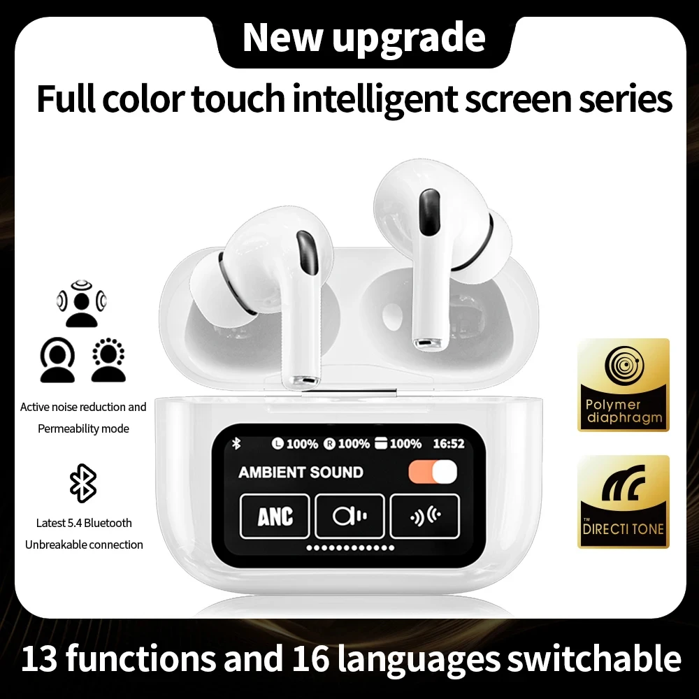 Fones de Ouvido A9 Pro – Smart Touch Screen, Display LCD, Sem Fio, Cancelamento de Ruído Ativo, Bluetooth, Hi-Fi