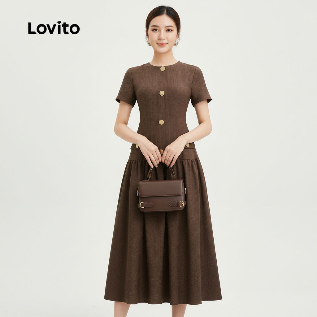 Lovito Refine Vestido Feminino Texturizado com Botões Frontais Primavera Verão Marrom Moka L165ED156 em Oferta na Shopee