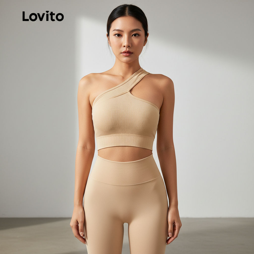 Lovito Sutiã Esportivo Liso Assimétrico Alça Única Push Up Yoga Anti-Impacto LNL44043
