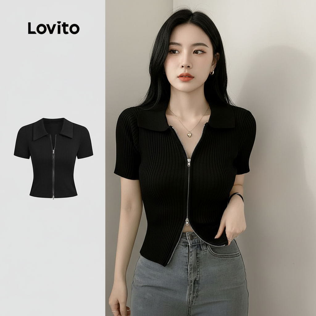 Lovito Casual Camiseta Feminina com Zíper e Costura em Tecido para Primavera Ver