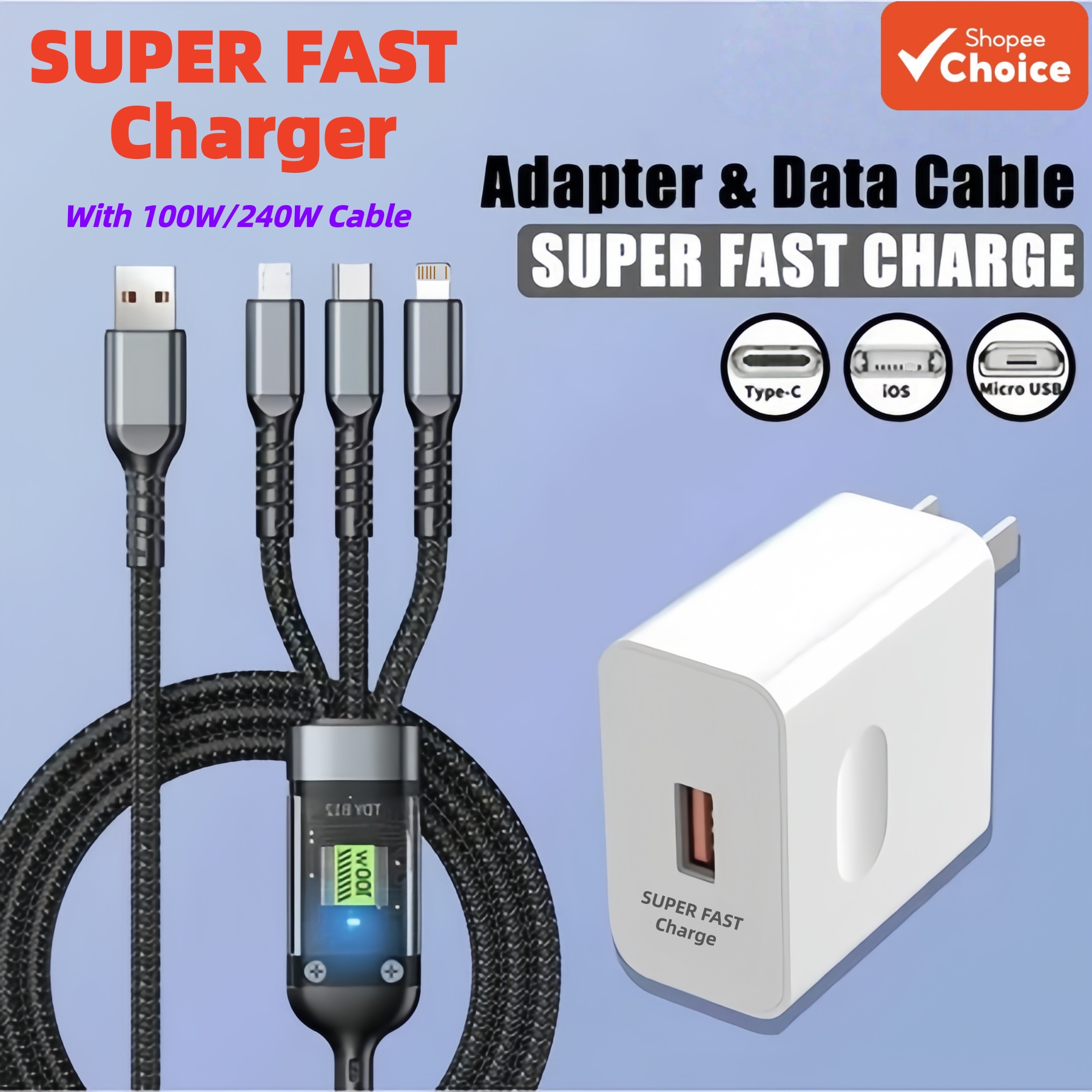 Novo Carregador Super Rápido com Cabo 3 em 1 Luminoso Transparente 100W 240W Micro USB Tipo C iOS