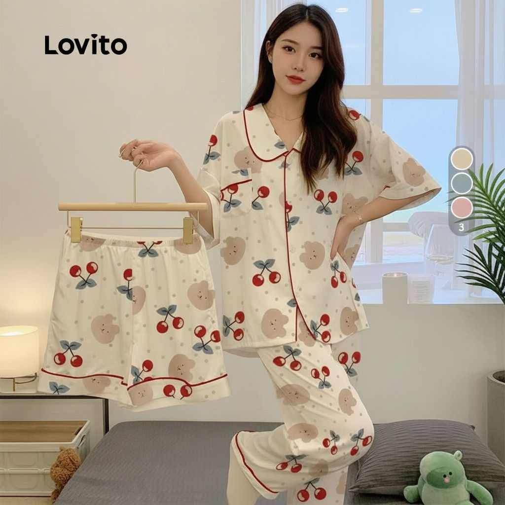 Lovito Kit Pijama Feminino 3 Peças Algodão Estampa Cereja Nuvem Blusa Calça Shorts LNE126191