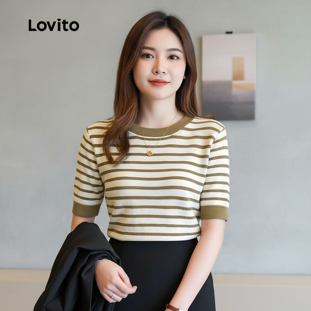 Lovito Elegante Blusa Colorida Primavera/Verão Khaki para Mulheres L165ED1514