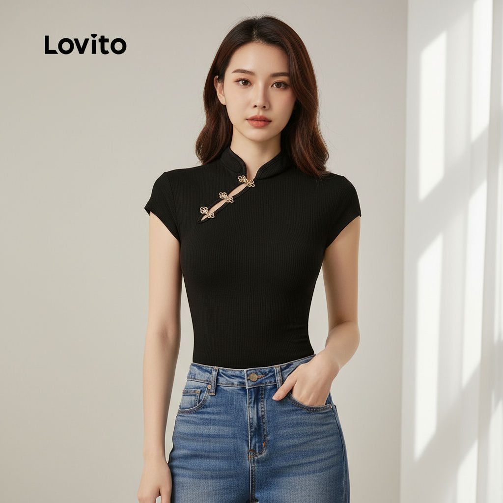 Lovito Casual Blusa Cropped Primavera/Verão Preta Feminina L166AD396