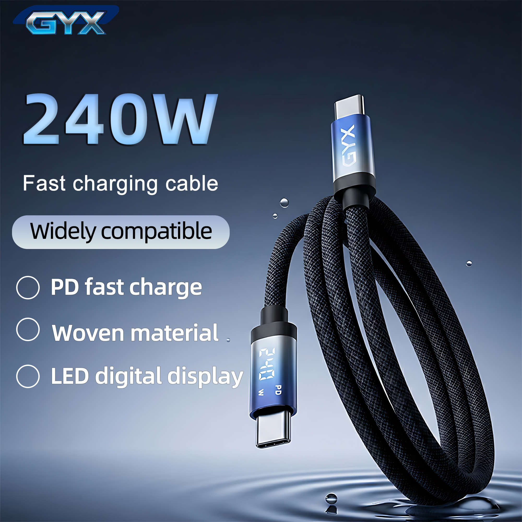 Cabo USB-C GYX 2m, carregamento rápido 240W/66W, display digital LED para iPhone 17/16/15 Pro Max, Samsung, MacBook,